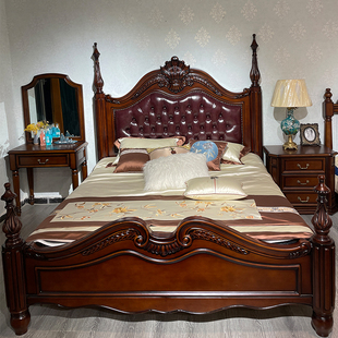 美式实木床真皮双人床，欧式雕花柱子床轻奢高档婚床主卧仿古大床