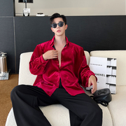 秋季复古酒红色丝绒衬衫男长袖设计感韩版高级感时髦夜店歌手衬衣