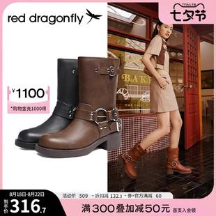 红蜻蜓骑士靴女2023秋季中筒英伦风，复古西部靴粗跟长筒靴短靴