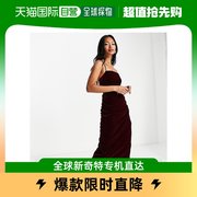 香港直邮潮奢asos女士设计后绑带天鹅绒中长连衣裙，(酒红色)