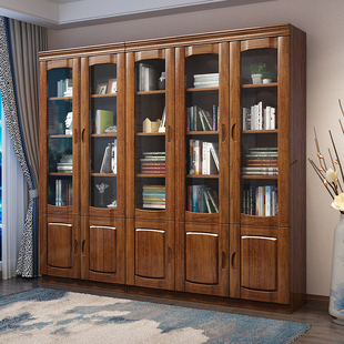 金丝胡桃木全实木书柜中式书房自由组合书橱带玻璃门办公室收纳柜