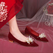 小众婚鞋新娘鞋女平底2023年中式红色，秀禾婚纱礼服不累脚孕妇低跟