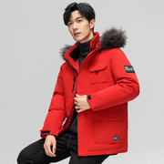 冬季羽绒服男短款连帽外套工装潮牌红色男士毛领，保暖防寒鸭绒大衣