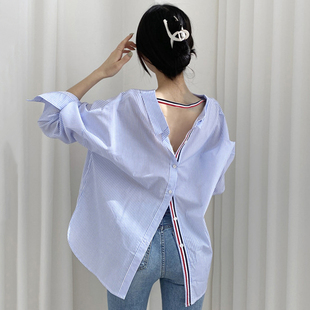 韩国chic早秋气质翻领撞色条纹设计宽松前后两穿单排扣长袖衬衫女