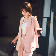 梭家|夏日甜心|法国进口纱线色织亚麻粉色，西装夏季女五分袖外套