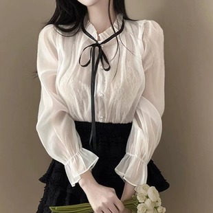 韩国chic春季甜美减龄别致蕾丝花边立领雪纺衬衫，女设计感洋气上衣