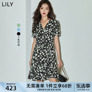 LILY2024夏薄荷曼波女装泡泡袖抽绳印花中长款连衣裙小个子女