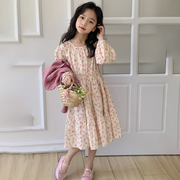女童春装长袖公主连衣裙2024韩版女宝碎花裙子洋气春秋两件套