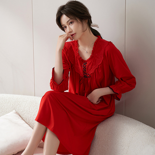 红色睡裙女款睡衣长袖丝光棉，本命年大红纯棉，春秋季中裙子2022