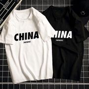 CHINA字母印花100%纯棉男女同版T恤圆领情侣重磅200克短袖休闲风