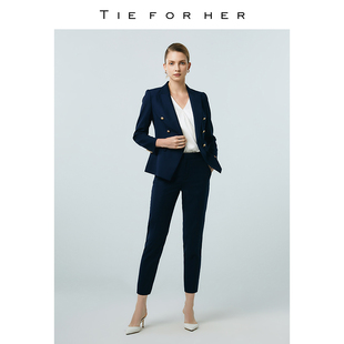 TieForHer OL系列 藏青色职业西装套装通勤双排扣西服两件套