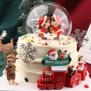 圣诞节蛋糕装饰红帽情侣娃娃玻璃罩小火车圣诞老人草圈烘焙插件