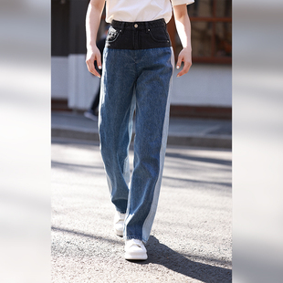 winnietang重工三色拼接牛仔裤个性，设计感难度三角针，工艺及地长裤