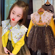 韩国轻奢女童皮衣外套，2022秋装洋气，时髦翻领小女孩皮夹克秋款