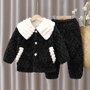 冬季韩版儿童法兰绒女童睡衣，加厚夹棉保暖套装亲子装珊瑚绒家居服