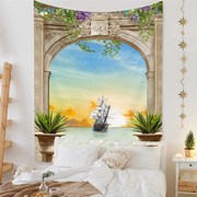 欧式风景窗户背景布墙壁装饰B挂毯房屋改造客厅床头挂布竖款