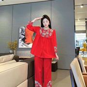 女大码24年睡衣本命年大红民族风，新中式纯棉八九分袖，家居服套装潮