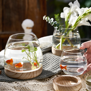 日式简约木托创意花瓶玻璃透明水养植物客厅插花摆件水培鱼缸器皿
