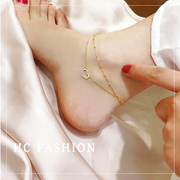 韩国流行韩国14k黄金脚链，女超闪锆石，爱心吊坠双层可调节脚链女