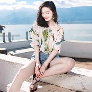 西子美丽心情夏季女装韩版修身花色五分袖，吊带雪纺衫短款上衣