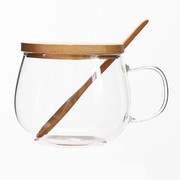 创意竹木盖玻璃咖啡杯带盖 木勺耐热玻璃水杯透明花茶元趣办公杯