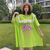 韩国东大门夏季卡通字母，中长款t恤女蕾丝拼接娃娃领宽松大版上衣