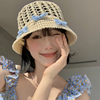 法式镂空蓝色蝴蝶结草帽，女夏季海边帽子小众设计感防晒遮阳帽