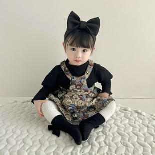 韩版女童春秋款高领泡泡，袖打底衫+卡通背带，裙套装婴童两件套潮