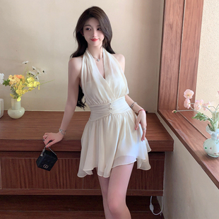 fairyjiang夏季气质白色雪纺，挂脖连衣裙收腰无袖，露肩短款仙女裙