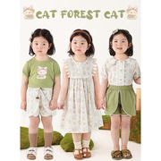 女童夏季套装童趣猫咪印花连衣裙儿童上衣短裤童装两件套