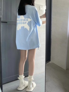 奶蓝色短袖t恤潮牌半袖，女夏季2024宽松设计感小众上衣情侣装
