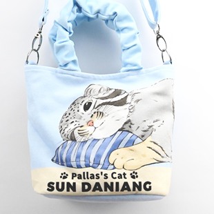 兔狲手绘睡姿可爱动物手提袋，休闲帆布包时尚印花潮流斜跨水桶包