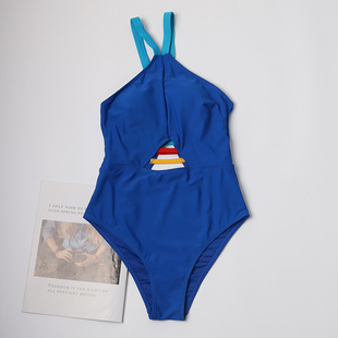 出口外贸个性英伦风女士，连体泳衣度假肚兜式宝蓝色气质成人游泳衣