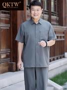 中老年唐装男中国风棉麻爸爸夏装短袖70岁爷爷套装老年人衣服衬衫