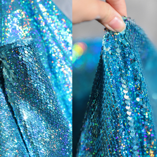 水晶蓝双面双色金属，质感细小鱼鳞亮片，布料高档网纱服装设计师面料