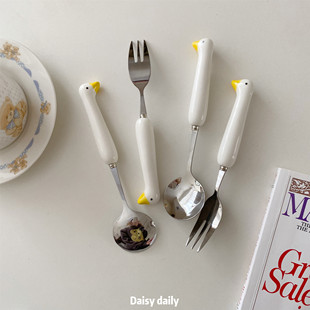 可爱卡通小鸭子叉勺餐具套装便携家用高颜值304不锈钢陶瓷勺儿童