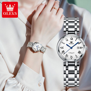 欧利时手表女士，简约气质罗马银白色，钢带日历时尚品牌心月女表