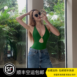 复古港风性感连体辣妹深V领绿色显白泳衣女 显瘦遮肚温泉度假泳装