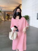 韩版简约高级感大码粉色长裙2023夏季时尚宽松气质显瘦连衣裙