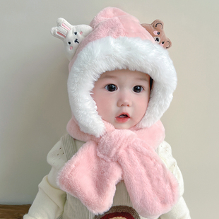 宝宝帽子秋冬季超萌婴幼儿围脖一体毛绒帽男女加绒加厚护耳儿童帽