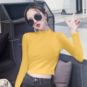 姜黄色短款露脐长袖女外穿半高领内搭打底衫中领t恤心机上衣高腰