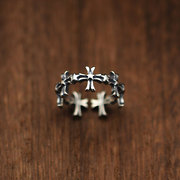 韩国东大门s925纯银饰品潮流，复古潮人做旧素面五星十字架戒指