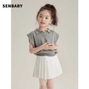 senbaby女童夏装polo衫中大童，气质针织上衣儿童轻薄翻领polo短袖