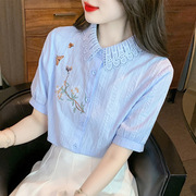 蕾丝娃娃领刺绣花衬衫女短袖夏季设计感小众纯棉衬衣百搭上衣