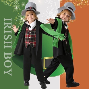 儿童cosplay爱尔兰民族风情服装男童角色扮演绿帽节派对表演服装