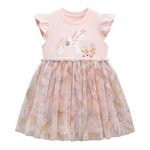 女童粉红色短袖连衣裙宝宝，小马裙子儿童纯棉夏装，婴幼儿网纱公主裙