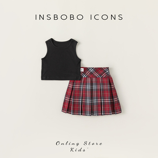 insbobo女童套装时髦洋气女宝背心，短裙两件套时尚格子裙女孩衣服