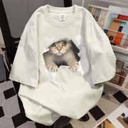 2024夏季美式卡通猫咪印花短袖t恤女白灰色宽松纯棉上衣创意