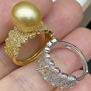 珍珠戒指空托配件18k注金活口，可调节指环，手工巴洛克风格多钻闪亮