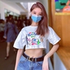 韩国甜辣卡通印花短款短袖白色T恤罩衫露腰上衣女士运动休闲女生
